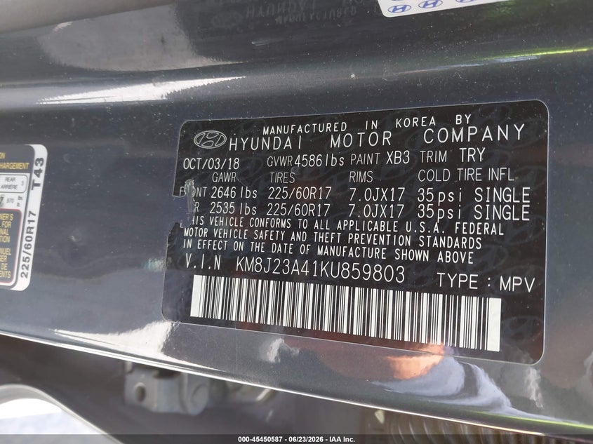 2019 Hyundai Tucson VIN KM8J23A41KU859803 IAAI salvage auction — REAR END, Salvage Title, sold $4,150 on 2026-07-16 (photo 9)