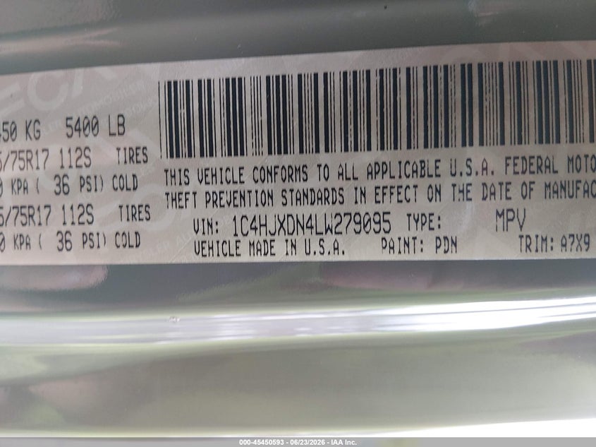 2020 Jeep Wrangler / VIN 1C4HJXDN4LW279095 IAAI salvage auction — RIGHT FRONT, Salvage Title, sold $10,100 on 2026-08-01 (photo 9)