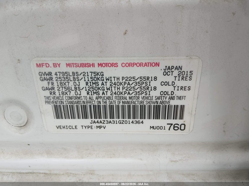 2016 Mitsubishi Outlander VIN JA4AZ3A31GZ014364 IAAI salvage auction — NORMAL WEAR, Repossessed (Missouri), sold $1,350 on 2026-08-01 (photo 9)