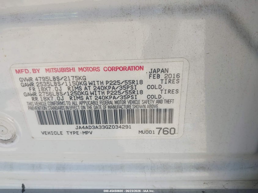 2016 Mitsubishi Outlander VIN JA4AD3A33GZ034291 IAAI salvage auction — NORMAL WEAR, Clear (Georgia), sold $1,300 on 2026-07-20 (photo 9)