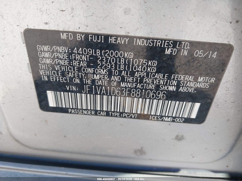 2015 Subaru Wrx VIN JF1VA1D63F8810696 IAAI salvage auction — NORMAL WEAR, Clear - Dealer Only (California), sold $3,050 on 2026-07-13 (photo 9)