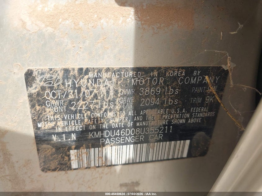 2008 Hyundai Elantra VIN KMHDU46D08U355211 IAAI salvage auction — NORMAL WEAR, Original (Texas), sold $450 on 2026-07-28 (photo 9)