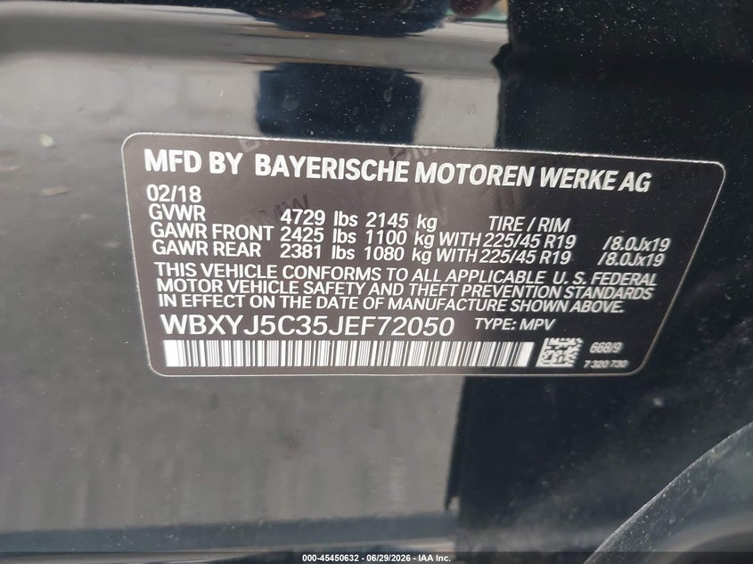 2018 BMW X2 VIN WBXYJ5C35JEF72050 IAAI salvage auction — LEFT FRONT, Salvage (California), sold $5,200 on 2026-07-28 (photo 9)