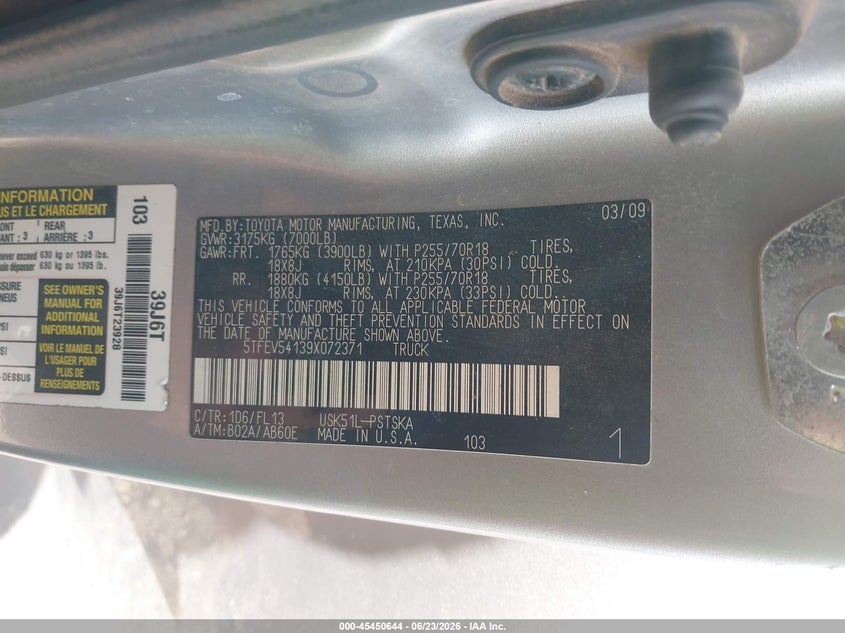 2009 Toyota Tundra VIN 5TFEV54139X072371 IAAI salvage auction — NORMAL WEAR, Original (Texas), sold $3,300 on 2026-07-09 (photo 9)