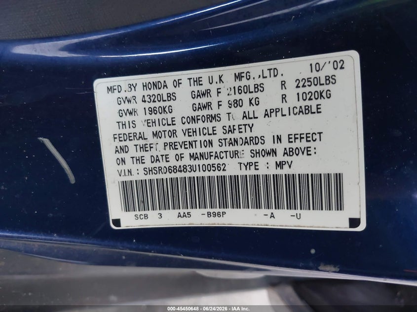 2003 Honda Cr-v VIN SHSRD68483U100562 IAAI salvage auction — NORMAL WEAR, Clear (Florida), sold $375 on 2026-07-22 (photo 9)