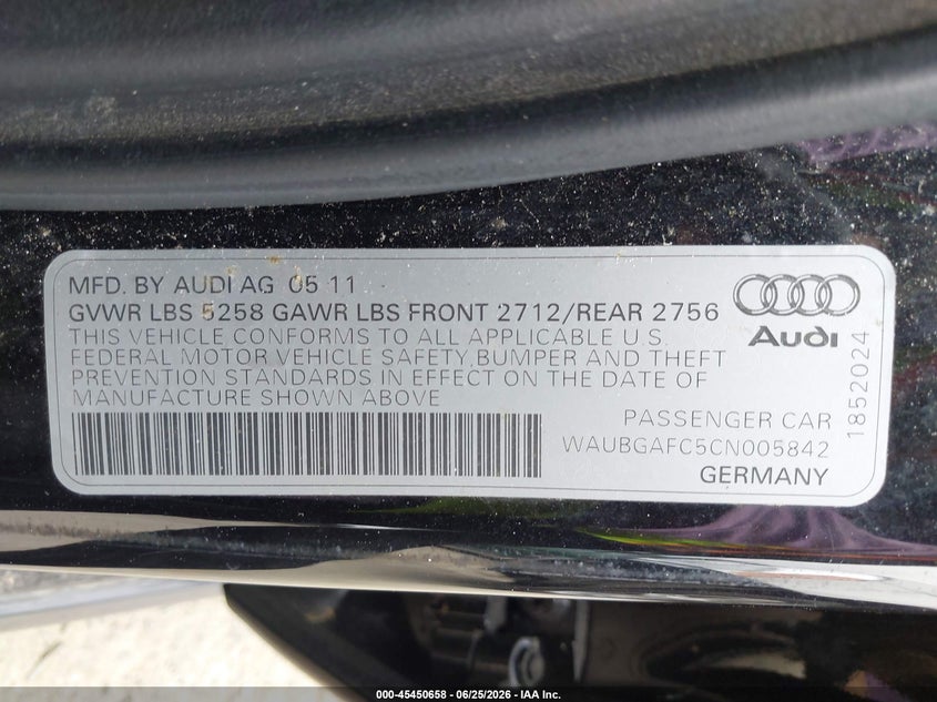 2012 Audi A6 VIN WAUBGAFC5CN005842 IAAI salvage auction — RIGHT SIDE, Salvage Title, sold $1,750 on 2026-07-15 (photo 9)