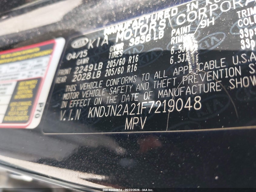 2015 Kia Soul VIN KNDJN2A21F7219048 IAAI salvage auction — NORMAL WEAR, Original (Texas), sold $600 on 2026-07-29 (photo 9)