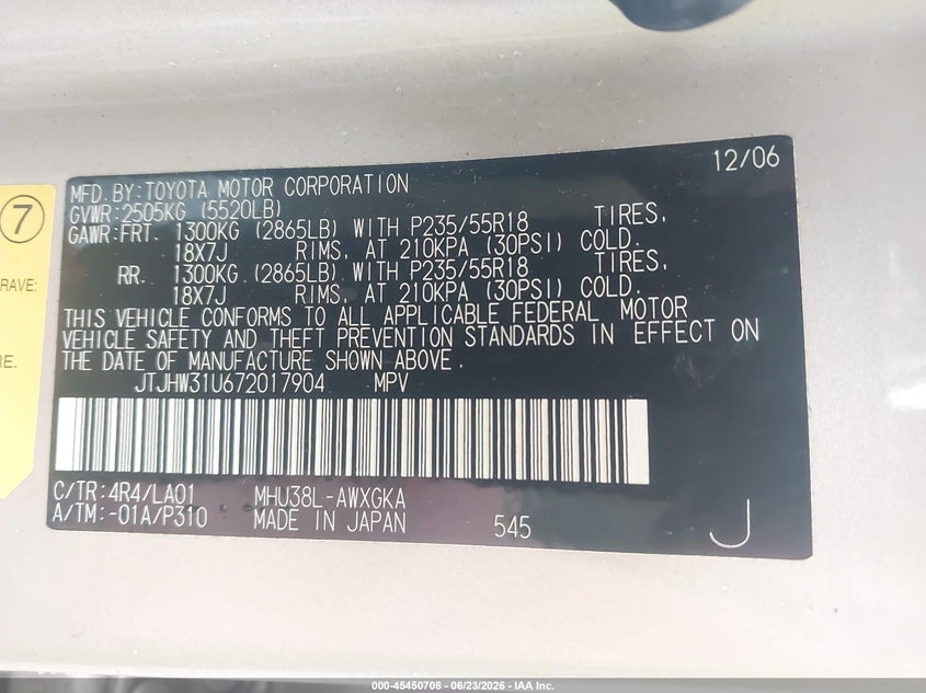 2007 Lexus Rx VIN JTJHW31U672017904 IAAI salvage auction — NORMAL WEAR, Clear (New Jersey), sold $450 on 2026-07-30 (photo 9)