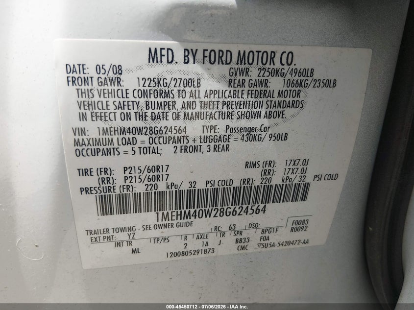 2008 Mercury Sable VIN 1MEHM40W28G624564 IAAI salvage auction — NORMAL WEAR, Clear (Missouri), sold $175 on 2026-07-21 (photo 9)
