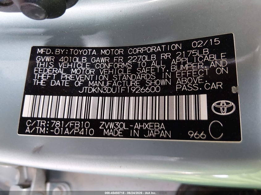 2015 Toyota Prius VIN JTDKN3DU1F1926600 IAAI salvage auction — NORMAL WEAR, Salvage Title, sold $1,750 on 2026-07-14 (photo 9)