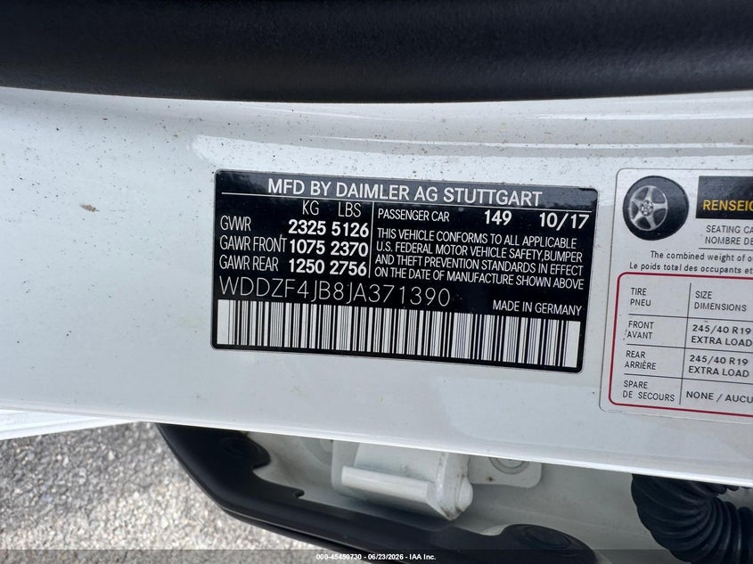 2018 Mercedes-benz E-class VIN WDDZF4JB8JA371390 IAAI salvage auction — UNKNOWN, Enterprise Vehicles Clear Only (Florida), sold $5,000 on 2026-07-11 (photo 9)