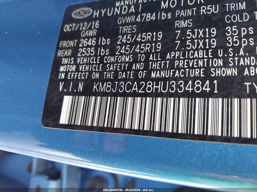 2017 Hyundai Tucson VIN KM8J3CA28HU334841 IAAI salvage auction — LEFT FRONT, Mv-907A (New York), sold $3,900 on 2026-07-14 (photo 9)