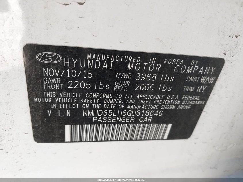2016 Hyundai Elantra VIN KMHD35LH6GU318646 IAAI salvage auction — NORMAL WEAR, Clear (Arizona), sold $175 on 2026-07-07 (photo 9)