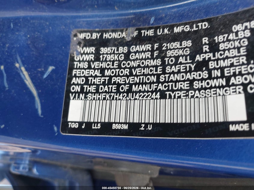 2018 Honda Civic VIN SHHFK7H42JU422244 IAAI salvage auction — FRONT END, Mv-907A (New York), sold $2,675 on 2026-07-14 (photo 9)