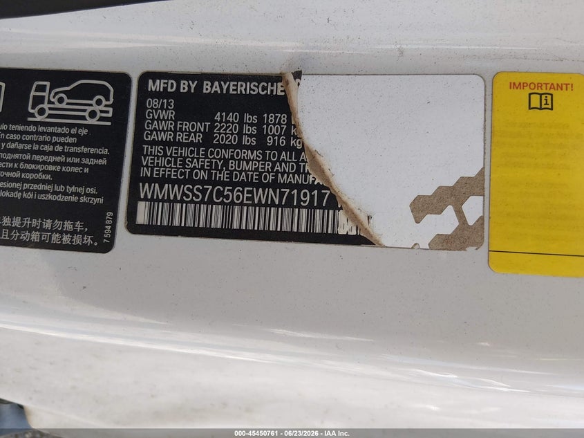 2014 Mini Paceman VIN WMWSS7C56EWN71917 IAAI salvage auction — NORMAL WEAR, Clear (Tennessee), sold $450 on 2026-07-23 (photo 9)