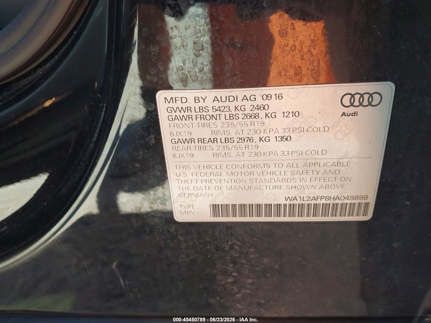 2017 Audi Q5 VIN WA1L2AFP8HA049898 IAAI salvage auction — HAIL, Clear (Wisconsin), sold $2,775 on 2026-07-09 (photo 9)