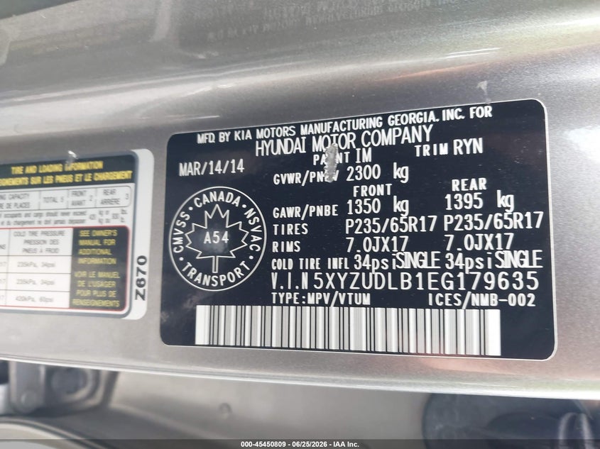 2014 Hyundai Santa fe VIN 5XYZUDLB1EG179635 IAAI salvage auction — FRONT END, Salvage (Maryland), sold $725 on 2026-07-17 (photo 9)
