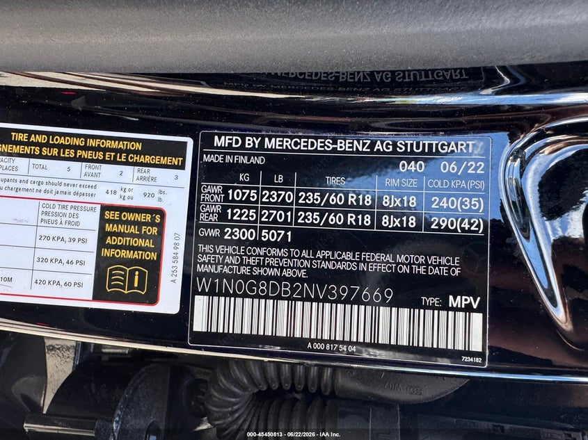 2022 Mercedes-benz Glc class VIN W1N0G8DB2NV397669 IAAI salvage auction — UNKNOWN, Clear (Florida), sold $8,025 on 2026-07-19 (photo 9)