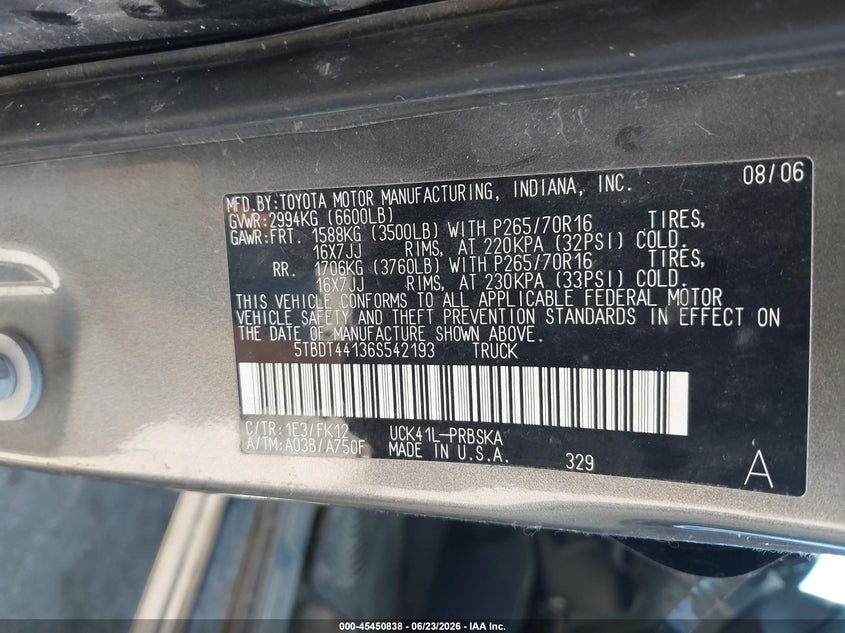 2006 Toyota Tundra VIN 5TBDT44136S542193 IAAI salvage auction — NORMAL WEAR, Clear (Indiana), sold $1,825 on 2026-07-16 (photo 9)