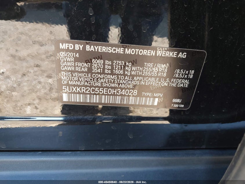 2014 BMW X5 VIN 5UXKR2C55E0H34028 IAAI salvage auction — FRONT END, Salvage (Arizona), sold $675 on 2026-07-29 (photo 9)