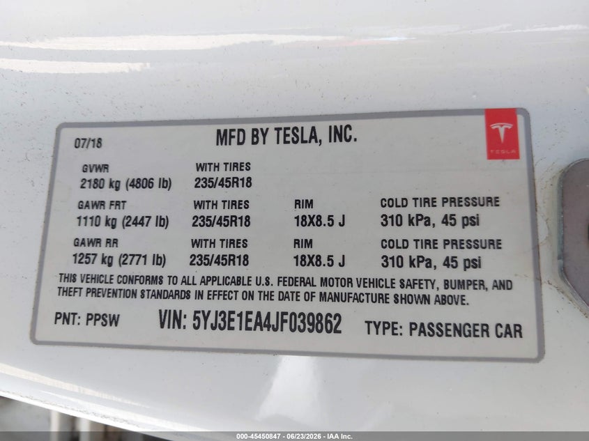 2018 Tesla Model 3 VIN 5YJ3E1EA4JF039862 IAAI salvage auction — ELECTRICAL, Salvage Title, sold $5,750 on 2026-07-22 (photo 9)