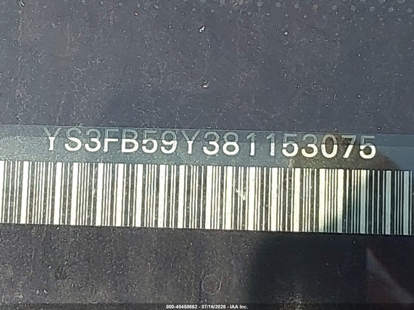 2008 Saab 9-3 VIN YS3FB59Y381153075 IAAI salvage auction — FRONT END, Clear (Indiana), sold $350 on 2026-08-07 (photo 9)