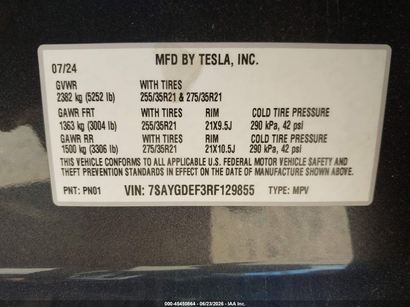 2024 Tesla Model y VIN 7SAYGDEF3RF129855 IAAI salvage auction — LEFT FRONT, Salvage Title, sold $20,100 on 2026-07-22 (photo 9)