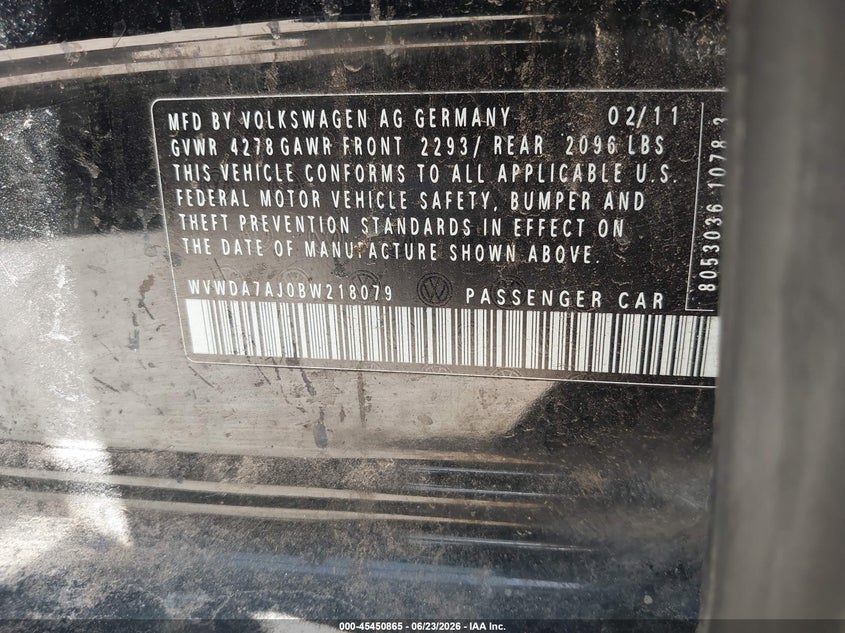 2011 Volkswagen Golf VIN WVWDA7AJ0BW218079 IAAI salvage auction — NORMAL WEAR, Original (Texas), sold $300 on 2026-07-29 (photo 9)