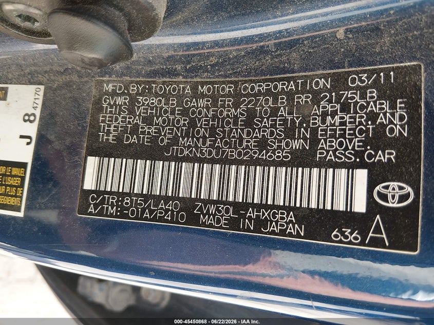 2011 Toyota Prius VIN JTDKN3DU7B0294685 IAAI salvage auction — NORMAL WEAR, Clear-Endorsement (Wisconsin), sold $900 on 2026-07-15 (photo 9)