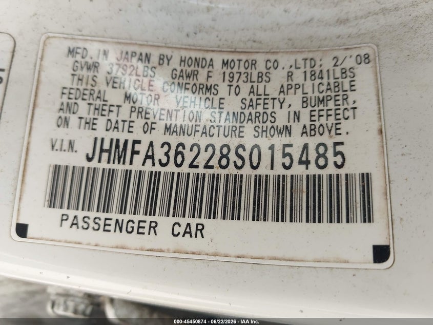 2008 Honda Civic VIN JHMFA36228S015485 IAAI salvage auction — NORMAL WEAR, Clear (Tennessee), sold $300 on 2026-07-22 (photo 9)