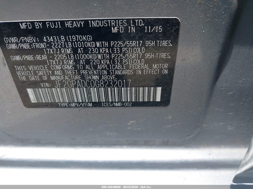 2016 Subaru Xv VIN JF2GPADC0G8232017 IAAI salvage auction — NORMAL WEAR, Original (Texas), sold $2,000 on 2026-07-29 (photo 9)