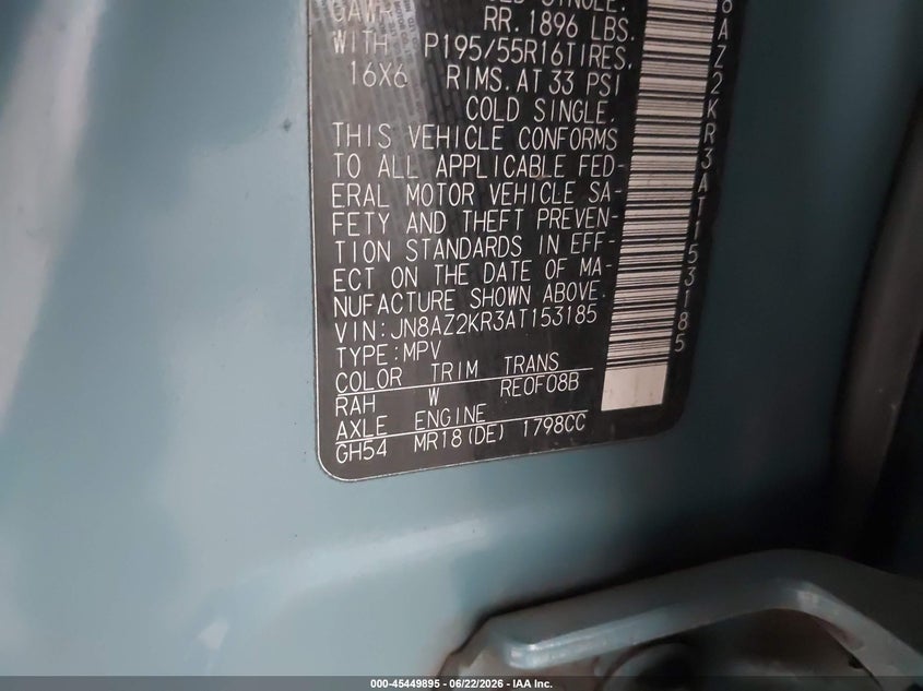 2010 Nissan Cube VIN JN8AZ2KR3AT153185 IAAI salvage auction — NORMAL WEAR, Clear (Minnesota), sold $575 on 2026-07-08 (photo 9)