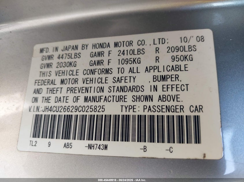 2009 Acura Tsx VIN JH4CU26629C025825 IAAI salvage auction — NORMAL WEAR, Clear (New Jersey), sold $500 on 2026-07-29 (photo 9)