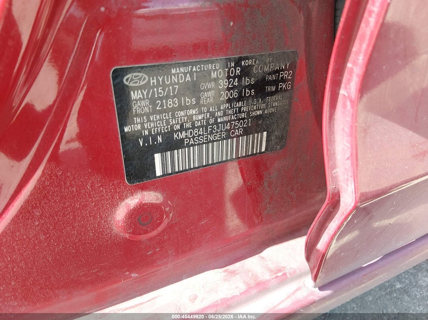 2018 Hyundai Elantra VIN KMHD84LF3JU475021 IAAI salvage auction — RIGHT REAR, Original (Texas), sold $25 on 2026-07-29 (photo 9)