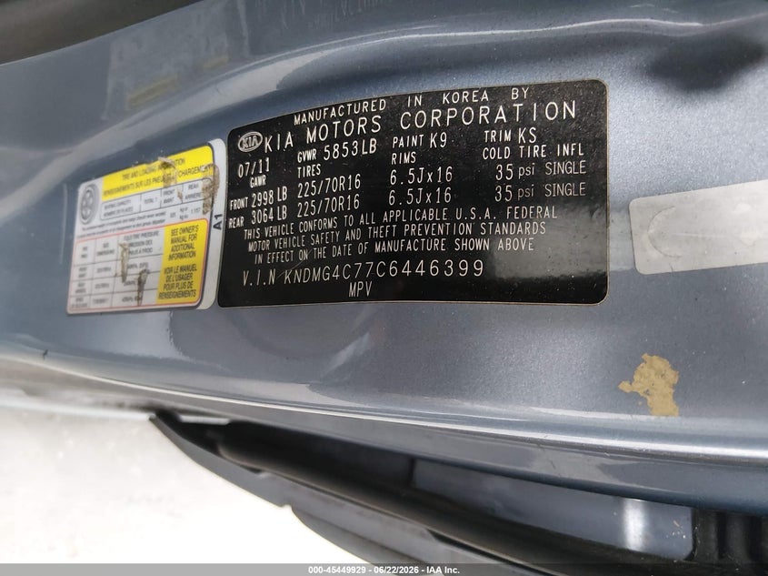 2012 Kia SEDONA VIN KNDMG4C77C6446399 IAAI salvage auction — NORMAL WEAR, Clear (Florida), sold $650 on 2026-07-08 (photo 9)