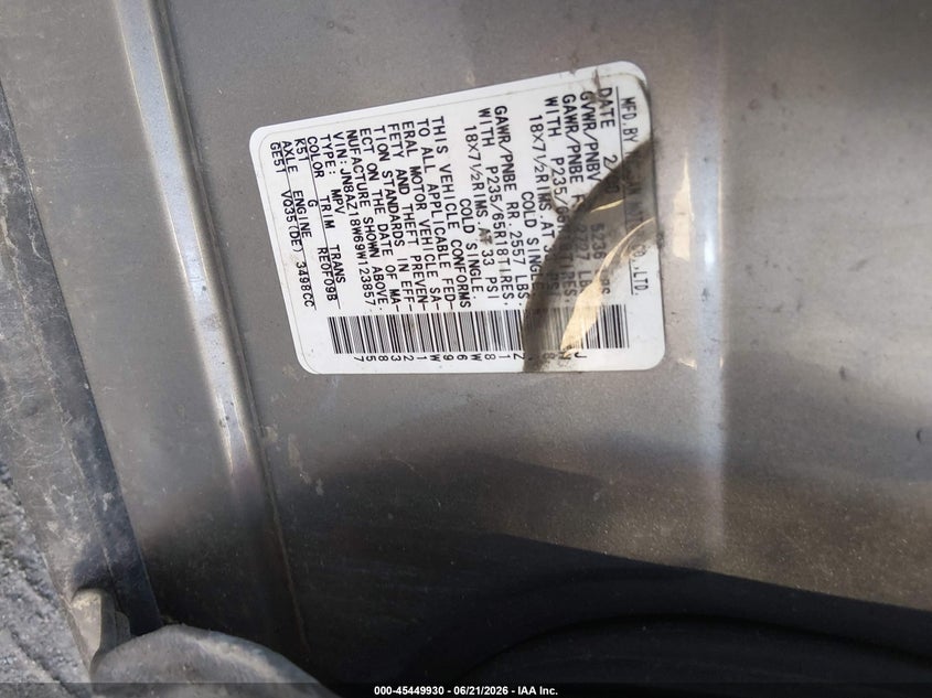 2009 Nissan Murano VIN JN8AZ18W69W123857 IAAI salvage auction — FRONT END, Bill Of Sale (New York), sold $425 on 2026-07-07 (photo 9)