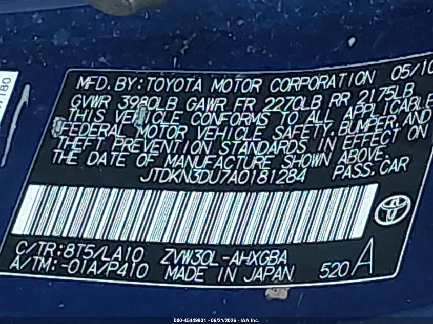 2010 Toyota Prius v VIN JTDKN3DU7A0181284 IAAI salvage auction — FRONT & REAR, Bill Of Sale (New York), sold $550 on 2026-07-07 (photo 9)