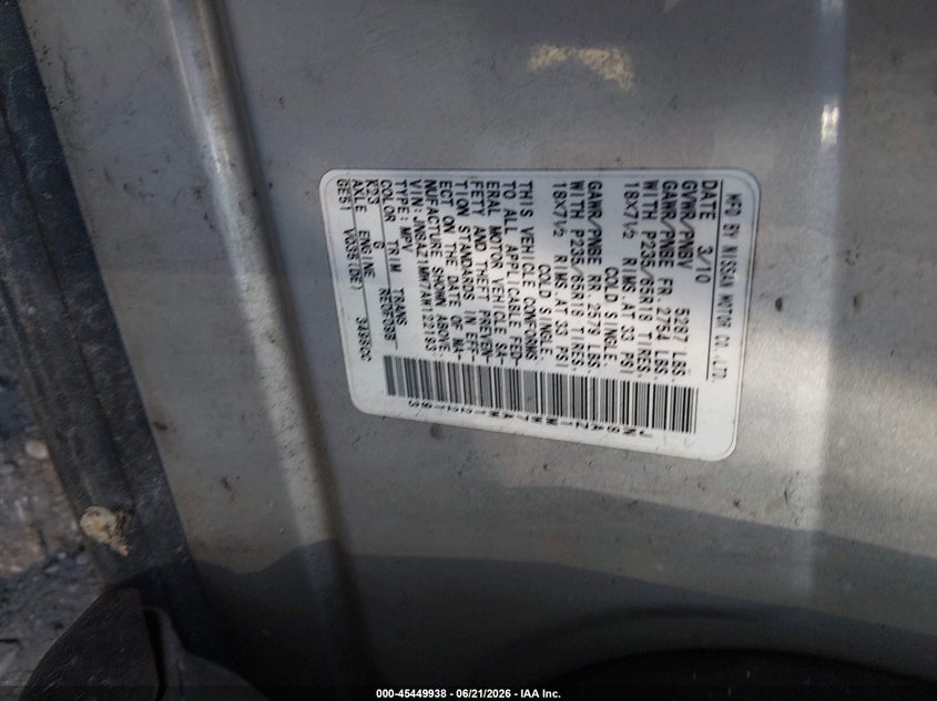 2010 Nissan Murano VIN JN8AZ1MW7AW122193 IAAI salvage auction — FRONT & REAR, Bill Of Sale (New York), sold $425 on 2026-07-07 (photo 9)