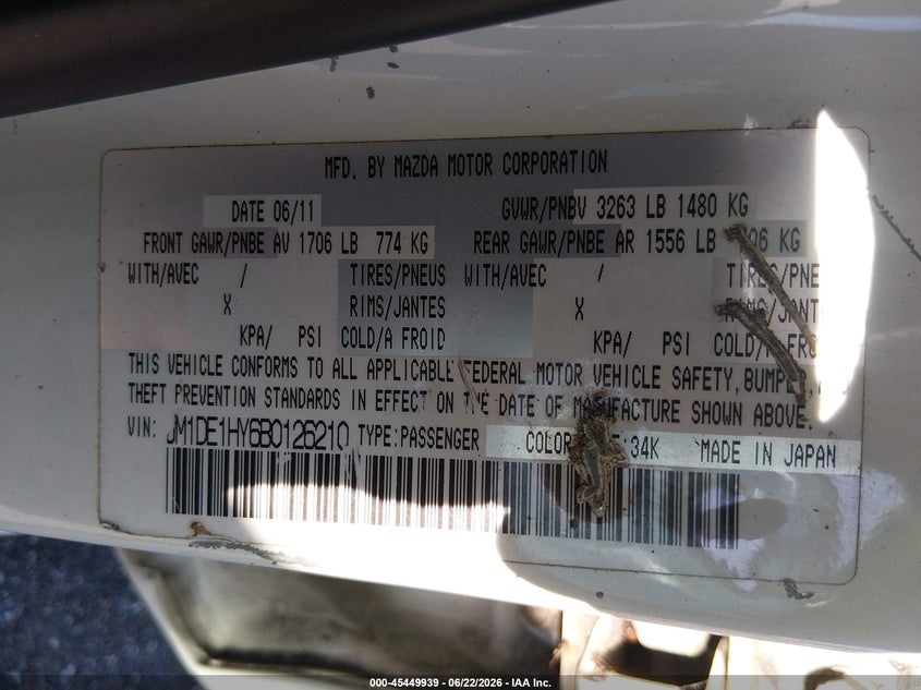 2011 Mazda 2 VIN JM1DE1HY6B0126210 IAAI salvage auction — NORMAL WEAR, Clear (Florida), sold $600 on 2026-07-28 (photo 9)