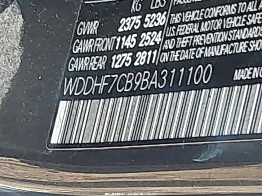 2011 Mercedes-benz E-class VIN WDDHF7CB9BA311100 IAAI salvage auction — FRONT & REAR, Bill Of Sale (New York), sold $1,050 on 2026-07-07 (photo 9)