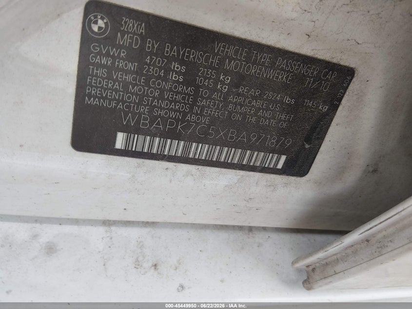 2011 BMW 3 series VIN WBAPK7C5XBA971879 IAAI salvage auction — REAR END, Bill Of Sale (New York), sold $450 on 2026-07-07 (photo 9)