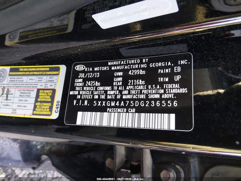 2013 Kia Optima VIN 5XXGM4A75DG236556 IAAI salvage auction — REAR END, Bill Of Sale (New York), sold $425 on 2026-07-07 (photo 9)