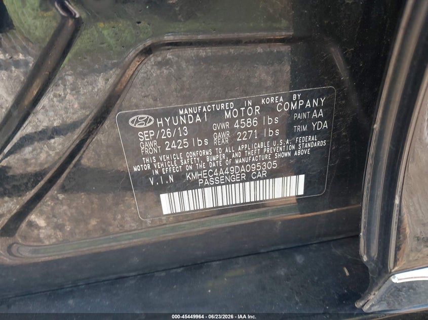 2013 Hyundai Sonata VIN KMHEC4A49DA095305 IAAI salvage auction — ROOF, Clear (Illinois), sold $525 on 2026-07-22 (photo 9)
