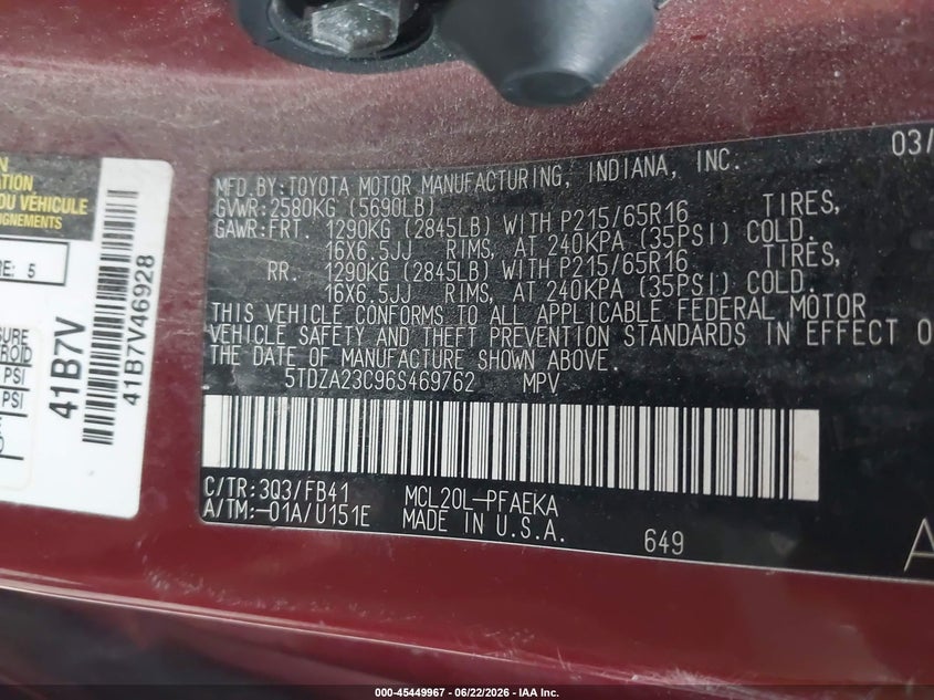 2006 Toyota Sienna VIN 5TDZA23C96S469762 IAAI salvage auction — NORMAL WEAR, Clear (Indiana), sold $650 on 2026-07-15 (photo 9)