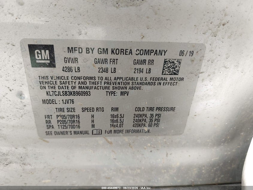 2019 Chevrolet Trax VIN KL7CJLSB3KB960993 IAAI salvage auction — NORMAL WEAR, Clear (Michigan), sold $775 on 2026-07-30 (photo 9)