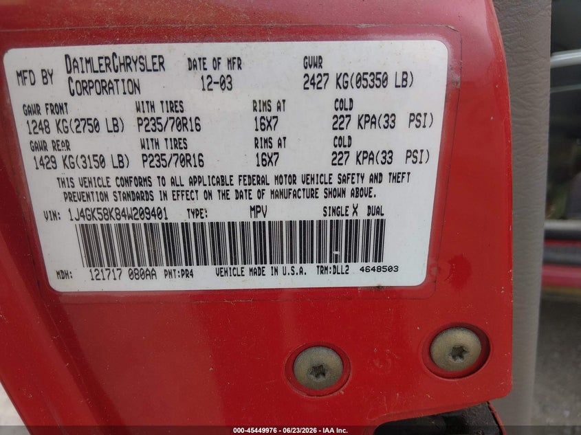 2004 Jeep Liberty (north america) VIN 1J4GK58K84W209401 IAAI salvage auction — NORMAL WEAR, Clear (Arkansas), sold $400 on 2026-07-09 (photo 9)