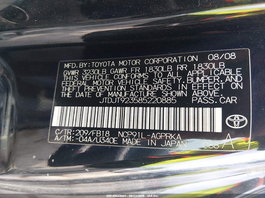 2008 Toyota Yaris VIN JTDJT923585220885 IAAI salvage auction — NORMAL WEAR, Clear (Virginia), sold $700 on 2026-07-24 (photo 9)