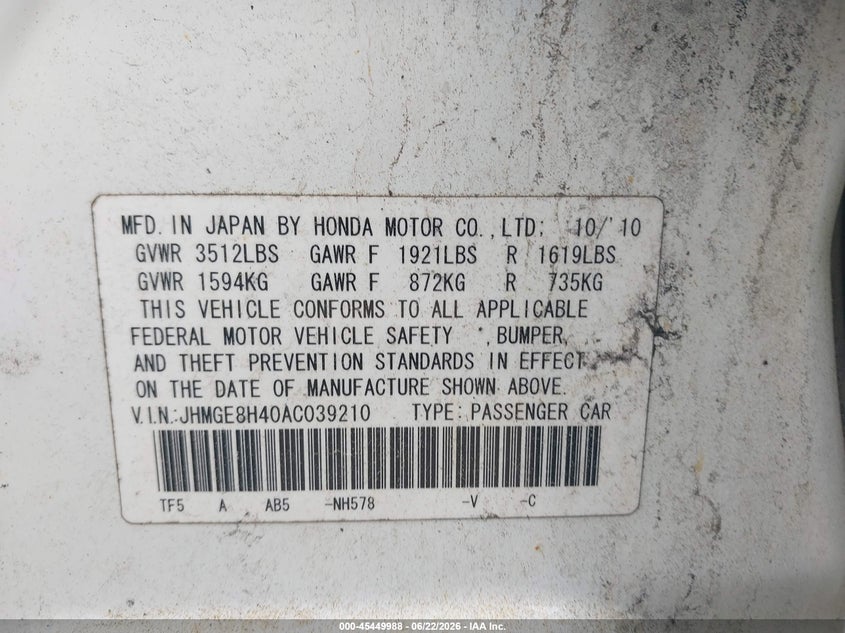 2010 Honda Fit VIN JHMGE8H40AC039210 IAAI salvage auction — NORMAL WEAR, Reconstructed (Massachusetts), sold $425 on 2026-07-21 (photo 9)