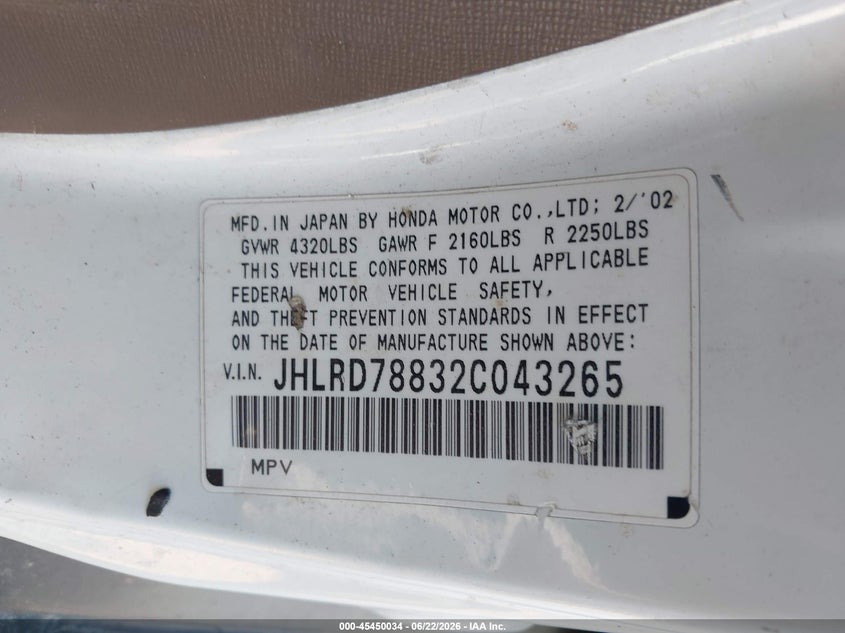 2002 Honda Cr-v VIN JHLRD78832C043265 IAAI salvage auction — NORMAL WEAR, Clear (Nevada), sold $1,175 on 2026-07-10 (photo 9)