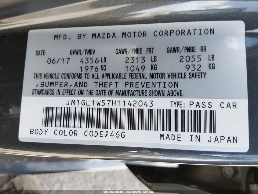 2017 Mazda 6 VIN JM1GL1W57H1142043 IAAI salvage auction — REAR END, Non-Repairable (California), sold $400 on 2026-07-27 (photo 9)